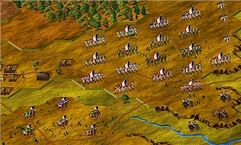 L'Armee du Rhine, from the Napoleonic Wargame Club, marches into battle. Image captured from Talonsoft's Napoleon in Russia.
